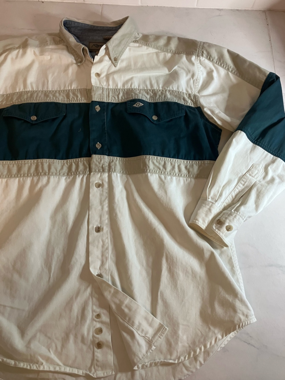 Roper Two-Tone Button-Front Shirt in Cream & green. Cowboy country western style